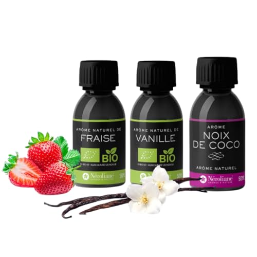 NEROLIANE – Lot 3 Arômes Naturels BIO 50ml : Fraise, Vanille, Noix de Coco – Yaourts, Pâtisseries, Boissons, Glaces – Vegan – Fabriqué en France – Qualité Professionnelle