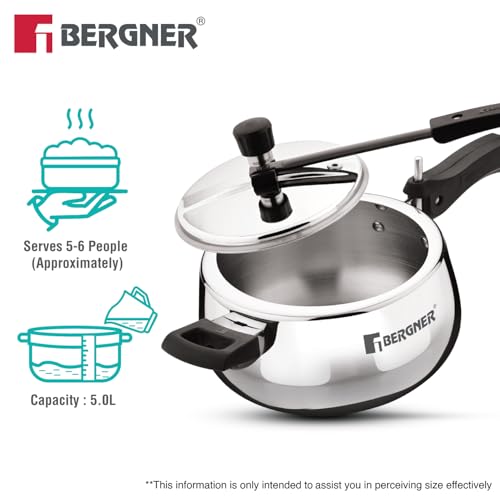 Image of Bergner Shouraya Triply Stainless Steel 5 Litres Inner Lid Pressure Cooker, Belly Shape, Faster and Even Heat Distribution, Healthy Cooking, ISI-Certified - Induction and Gas Stove Ready