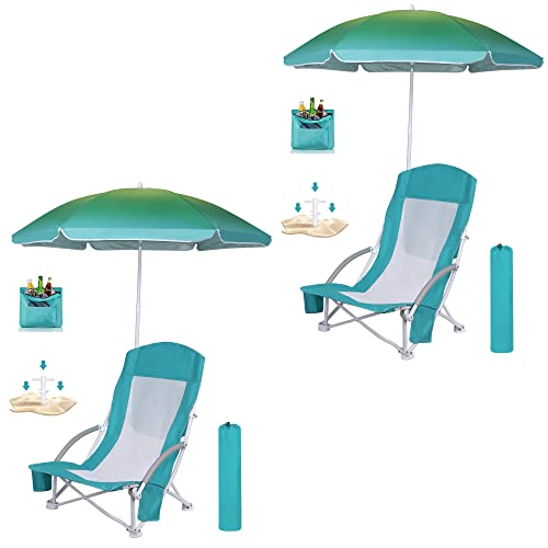 Wgos Beach Chair, Beach Chair With Umbrella, Beach Chair For Adults Camping Chair High Back With Umbrella And Cooler, Portable & Lightweight For Beach, Outdoor, Camping (Set Of 2 Blue) #TOP10