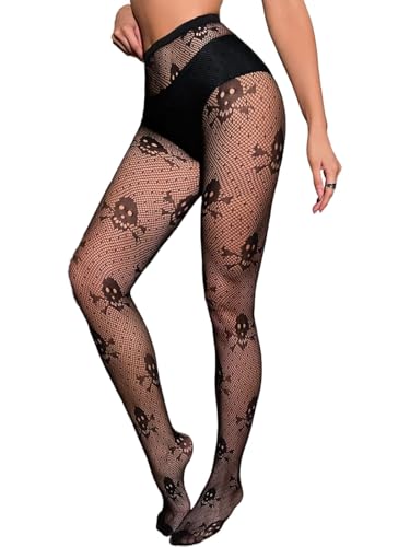 Image of CanB Skull Fishnet Stockings Sexy High Waist Tights Halloween Pumpkin Thigh High Pantyhose for Women