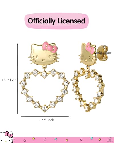 Hello Kitty Earrings for Women with Pave Crystals Official License, 18k Gold Flash-Plated Hello Dangle or Hoop Earrings4