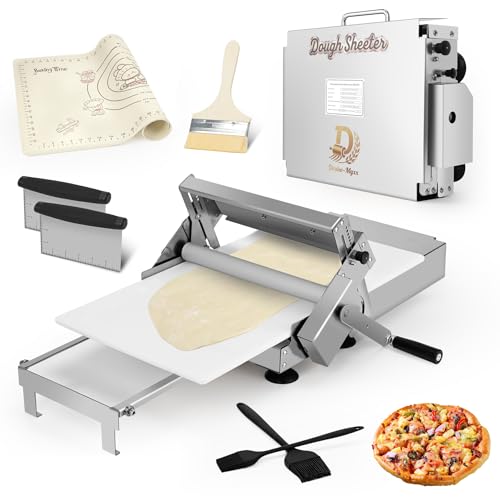Folding Dough Sheeter with 23.6" x 11.8" Sheeter Board, Includes Dough Mat(23.6" x 15.8"), 2 Pastry Brushs, 2 Scrapers, Wool Brush, Manual Dough Roller with 55 Thickness Settings, Stainless Steel