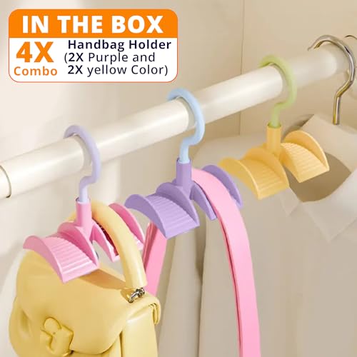 Image of LivingBasics 4 Pcs 360 Rotating Handbag Holder for Wardrobe /Purse Rack /Hanging Purse Organizer for Closet, Bags, Scarves, Belts, Ties /Space Saving Multi Hook Hanger for Women (Yellow & Purple)