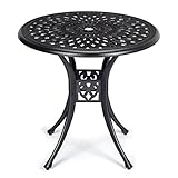 TROPOW 30.25 Inch Cast Aluminum Bistro Table with Umbrella Hole, Round Patio Bistro Table with Adjustable Feet, Outdoor Side Table for Porch, Backyard, Garden, Balcony, Black