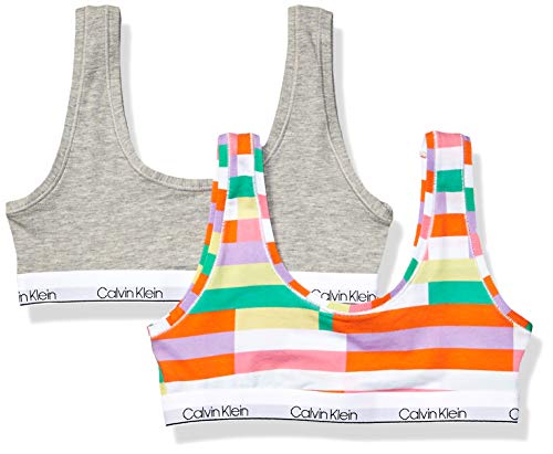 Calvin Klein Little Girl s Modern Cotton Bralette Underwear, Fragment Print White, Heather Grey, Large, (pack of 2)