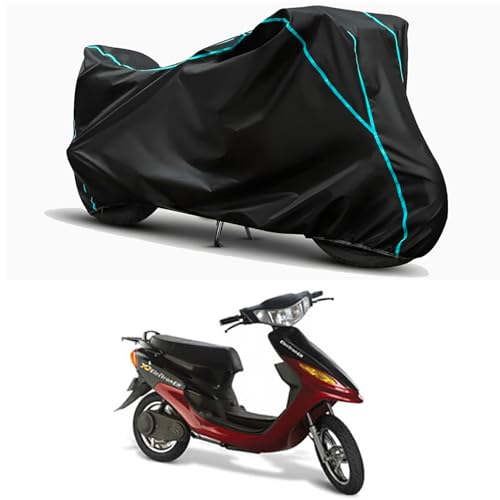 Image of Waterproof Bike Body Cover Compatible for | Indus Yo Electron ER | Taffeta Fabric, Sky Piping Design, Bottom Elastic Fit | Dustproof, Sun UV & Rain Protection for All Weather.