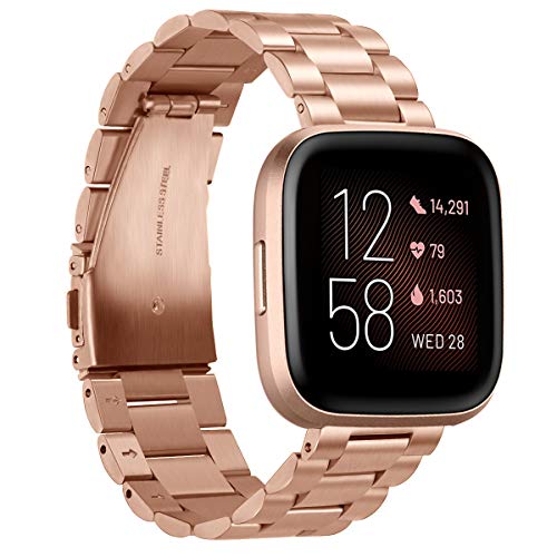 Aresh Compatible with Fitbit Versa 2 Bands Versa Lite Versa SE Versa Band, Solid Stainless Steel Replacement Metal Strap Compatible withWomen Men (Rosegold)