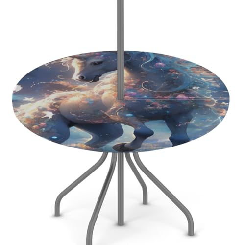 oooJHooo Outdoor Tablecloth with Umbrella Hole, Animal Unicorn Round Fitted Tablecloth, Spring Summer Elastic Picnic Table Cover Camping Table Cover for Outside Patio Garden Cafe 45"-56",D-1235
