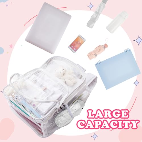 Eccliy 3 Pcs Clear Kawaii Backpack Set Aesthetic for Stadium Events Cute Backpack with Kawaii Pin and Lunch Bag, Pencil Case4
