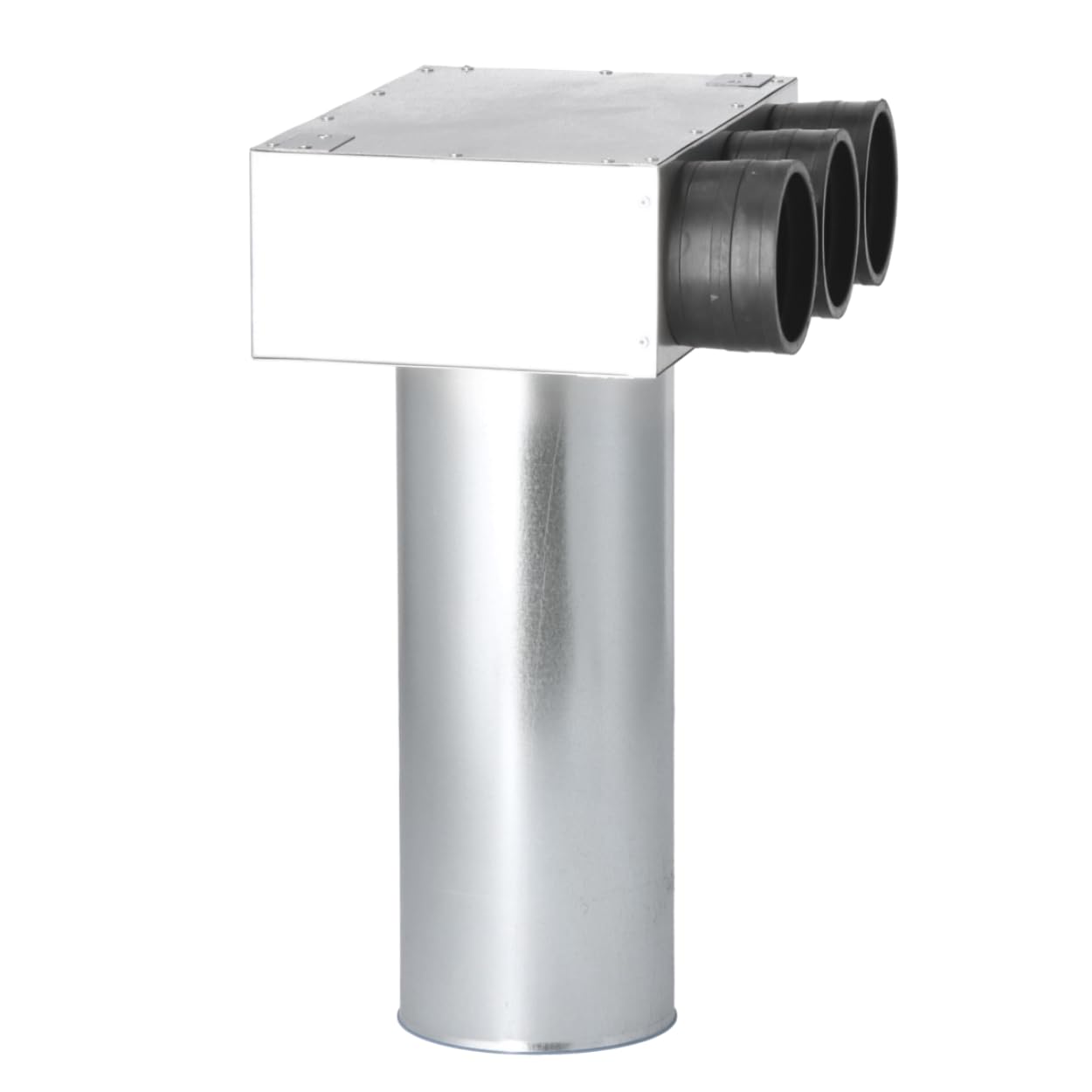 Skrzynka przyłączeniowa zaworu ze stali ocynkowanej – 3 x 75 mm Ø, przyłącze Ø 125 mm, gumowe złącza, nadaje się do wylotów sufitowych/anemostatów, hermetyczna i łatwa w montażu