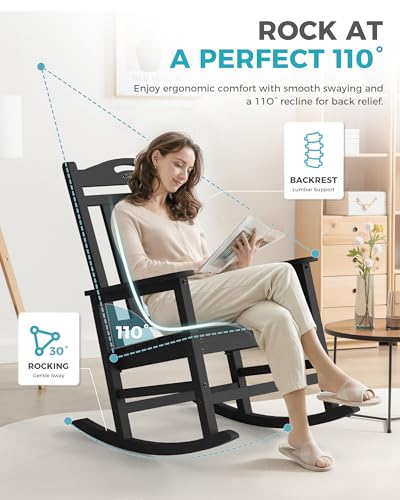 Ciokea Oversized Outdoor Rocking Chair, 380lbs Heavy-Duty Large Patio Rocker, Weather Resistant & Anti-Fade Porch Chair, High Back Cozy Rocking Chair for Outside, Fire Pit, Deck, Garden, Black - Thumbnail 6