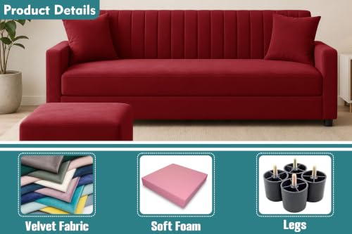 Image of 3 Seater Wooden Sofa Set with Ottoman for Living Room | Premium Velvet Fabric Wooden Frame | Modern Design | Comfortable Cushioned Sofafor Home, Office & Lounge | Red