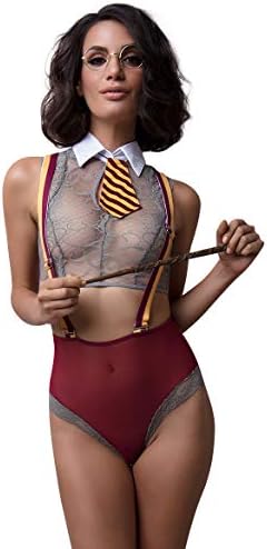 Yandy Burgundy Small Magical Schoolgirl Fantasy Sheer Bodysuit Lingerie Cosplay Costume