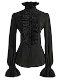 JIER Damen Lotus Shirts Bluse Aufstehen Halsband Rüsche Blusen Viktorianische Vintage Lolita Langarm Rüschenbluse Tops Gothic Steampunk Hemd (Schwarz,Small)