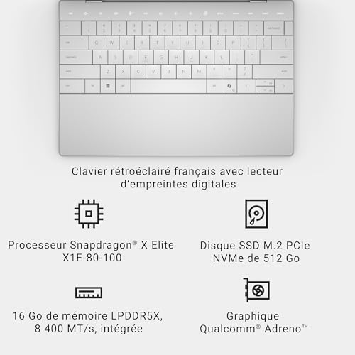 Dell XPS 13 Copilot+ PC 9345 Ordinateur Portable InfinityEdge 13.4" FHD+, Snapdragon X Elite, Qualcomm Adreno Graphique, 16Go de RAM, SSD 512Go, Windows 11 Home, Clavier rétroéclairé AZERTY Français