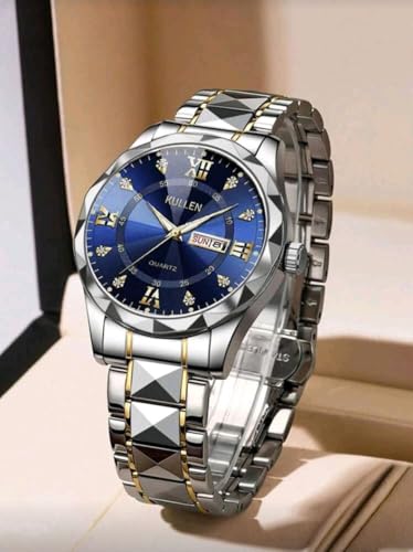 ساعة كاجوال للرجال بحركة كوارتز مع تقويم وسوار من فولاذ مقاوم للصدأ، أزرق ملكي