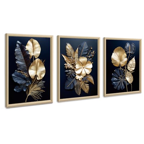 FajerminArt 3 Panels Modern Framed Canvas Wall Art Navy Blue Gold Flowers Coconut Leaves Pictures Painting on Canvas Prints for Living Room Bedroom Office Wall Decor Stretched On Frame 30x40cmx3 Pcs