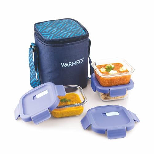 WARMEO BOROFRESH 3 pc Square Borosilicate Glass Container (325 ml Each) | Leakproof, Microwave & Dishwasher Safe Lunch Box with Bag for Office, College & School