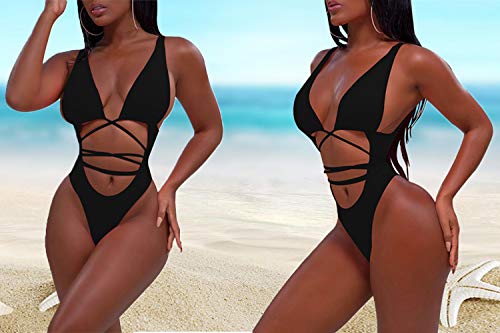 Sovoyontee Women's Black High Cut One Piece Bathing Suit String Thong Bikini Swimsuit Low Back Monokini L #TOP2
