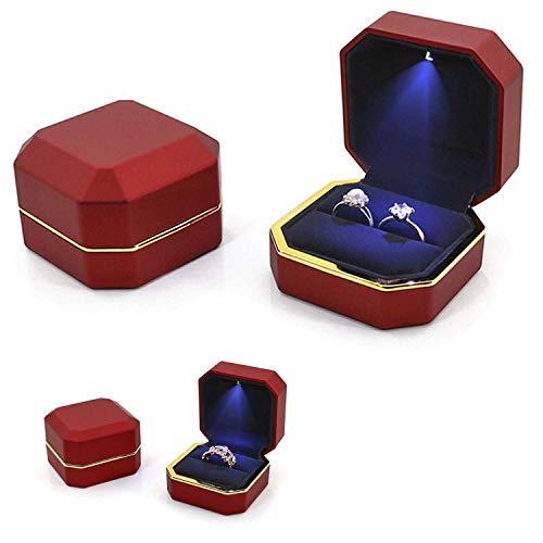 Image of Luxury Ring Box, Square Velvet Wedding Ring Case Jewelry Gift Box with LED Light for Proposal Engagement Wedding, Red