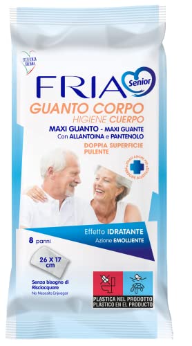 Manopole Saponate – Guanti Igiene Corpo - Azione Detergente ed Emolliente - Con Pantenolo e Allantoina - Senza Bisogno di Risciacquo - Formato: 8 Guanti Corpo - FRIA Senior