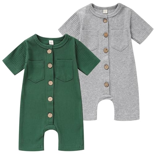 Image of TITKKOP Newborn Baby Boy Girl Clothes 2 Pack Solid Romper Short Sleeve One-Piece Jumpsuits Outfits Sets