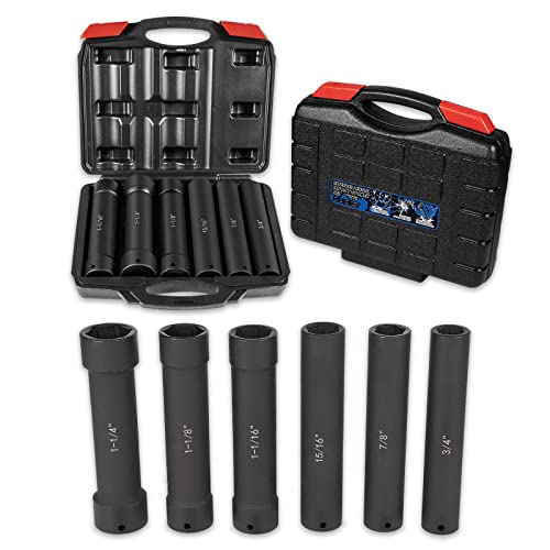 1/2 Inch Drive Extended Length Impact Socket Set 6 Sizes - Hex Sizes 3/4 7/8 15/16 1-1/16 1-1/8 1-1/4Extra-Deep Length Extra-Deep Impact Set Heavy Duty with Case