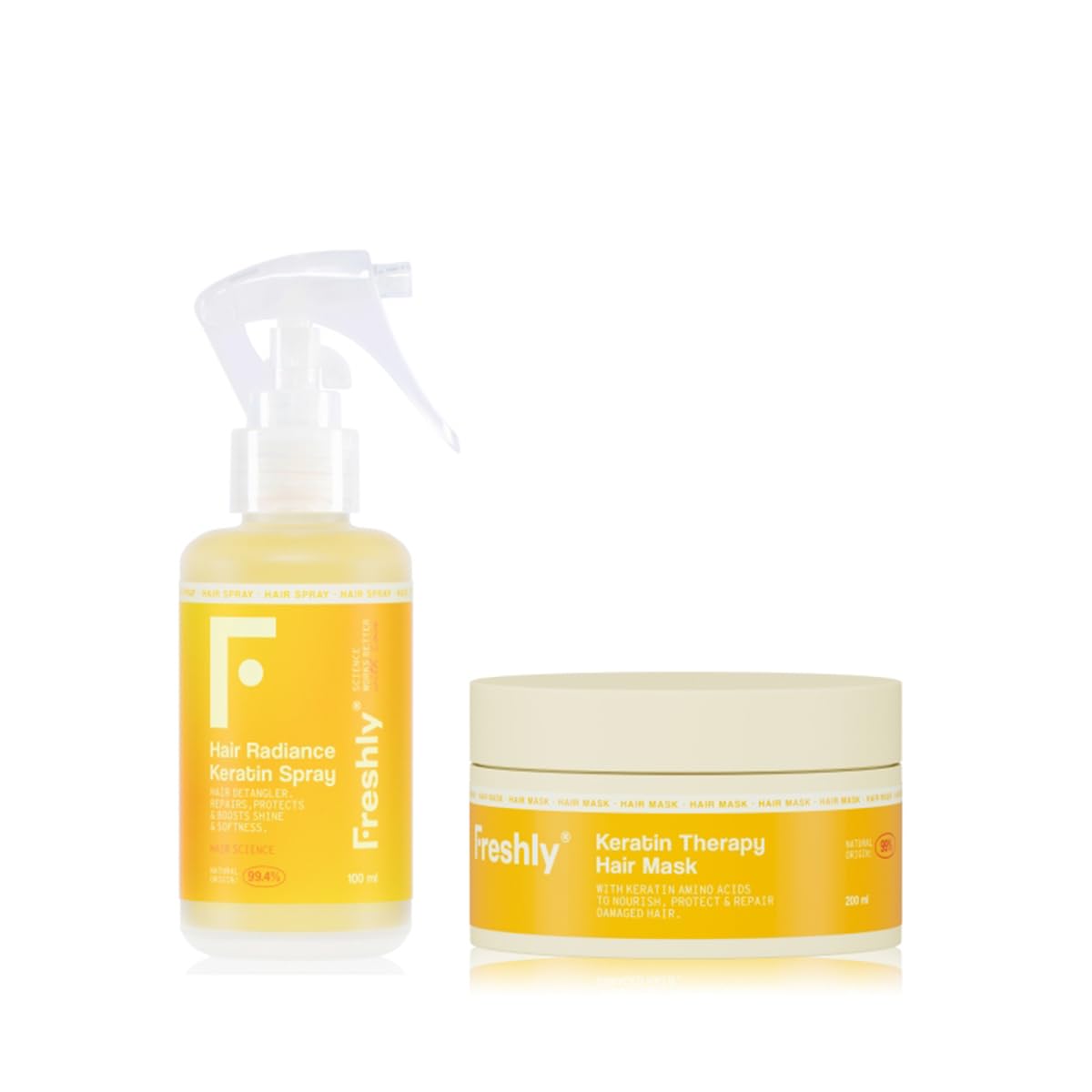 Freshly Keratin Strength & Repair Pack Rutina Capilar Natural para Pelo Dañado Mascarilla Reparadora + Spray Desenredante Keratina Vegana Biomimética 99% Natural