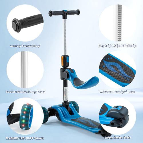 GLAMUP Kick Scooter Adjustable Height for Kids Ages 2-6 3 Wheel Scooter with LED Light and Extra Wide Deck ,Kids Scooter, Blue
