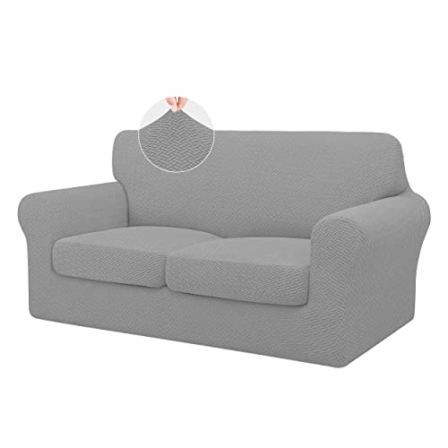 Issuntex 3 Pieces High Stretch Thicken Loveseat Couch Covers, Soft Sofa Slipcover For 2 Separate Cushion Couch, Jacquard Fabric Elastic Sofa Cover Furniture Protector For Dogs (Loveseat, Light Gray) #TOP14