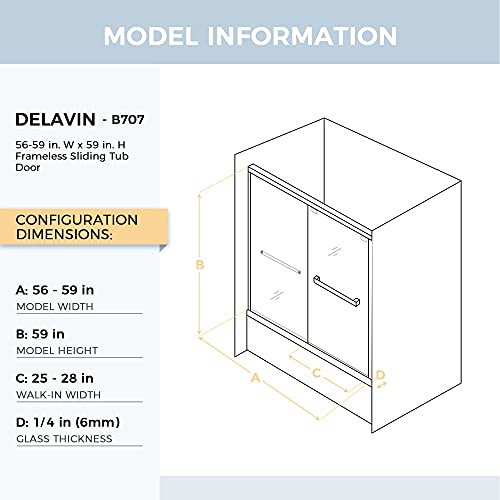 DELAVIN 56-59 in. Frameless Sliding Tub Door, Shower Door, Bypass Bathtub Door, Tub Shower Door, SGCC Tempered Glass Door with Explosion-Proof Film, Stainless Steel, Aluminum