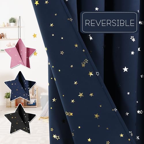 Image of PrinceDeco 100% Blackout Star Curtains for Kids Room Reversible Use Twinkle Silver Stars Cute Drapes for Nursery Thick Soft Curtain Drapes Window Treatment 2 Panels(52 x 63 Inch, Navy Blue)