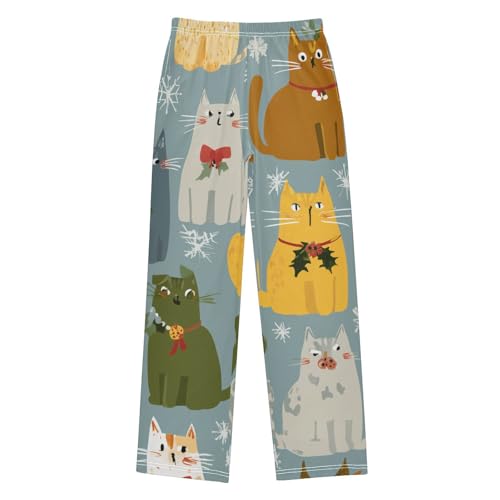 Cat Xmas Snow Boys Long Pants Soft Trousers Elastic Waist Kids Lounge Bottoms with Pockets S-XL