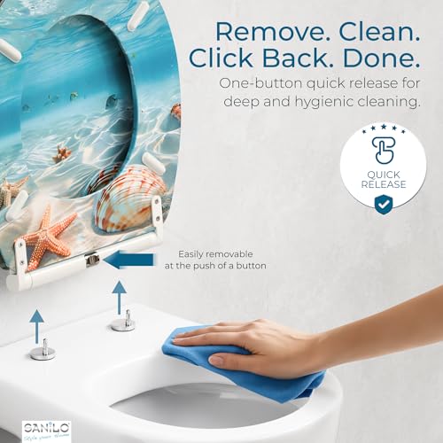 Image of Sanilo Wooden Toilet Seat with Quick Release & Soft Close [ROUND] - Decorative & Slow Close Molded Wood Seat - With One Click for Easy Installation & Cleaning - With Adjustable Fit (Waterworld)