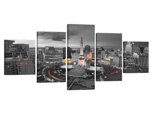 5 Piece USA City Skyline Canvas Wall Art Indianapolis City Skyline Panorama at Dusk with Urban Skyscrapers Black and White Wall Art Indianapolis Wall Painting Framed Wall Art Ready to Hang 32X60INCH