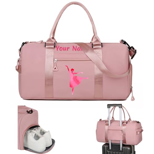 Bolsa de Lona Bordada Personalizada, Bolsa de Deporte Unisex Personalizada Viaje/Gimnasio/Baile con Correa de Hombro, Bolsillos Impermeables y Secos, y Compartimento para Zapatos - Rosa