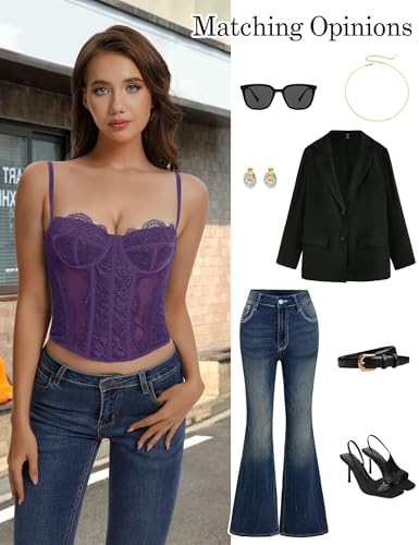 Image of Lace Corset Tops for Women Sexy Going Out Bustier Top Sleeveless Adjustable Straps Crop Tops with Back Hooks