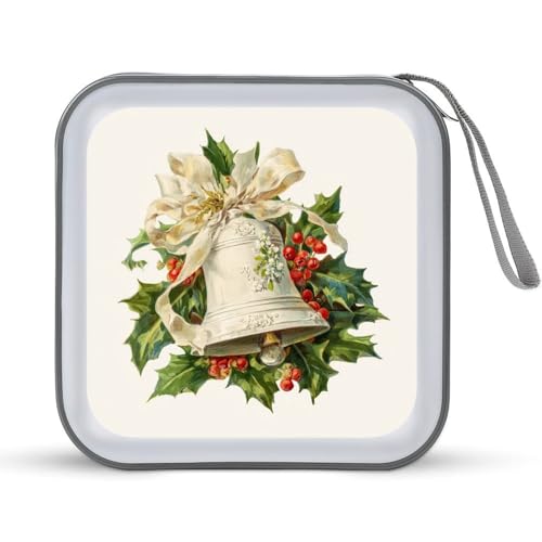 DuduYH White Bell with Holly Mistletoe CD Case DVD Storage Case Portable for Car Home Travel