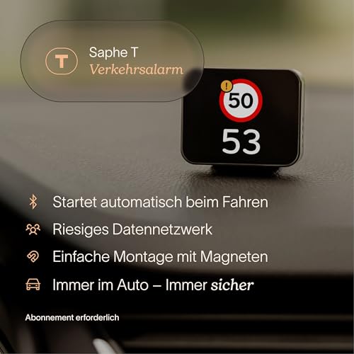 Saphe T Blitzerwarner für das Auto mit Touchscreen, CarPlay & Android, warnt vor Radarfallen und Gefahren, ideales Auto Zubehör, Einfache Magnetmontage – inkl. 6 Monate ABO