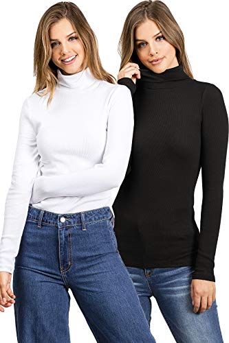 Ambiance Apparel Women's Juniors Turtleneck Long Sleeve Ribbed Basic Top 2 PK (L, BK&WT)