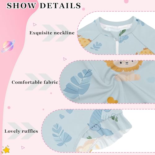 Cute Animal Light Blue Rash Guard One Piece Girls Swimsuit Long Sleeve Ruffles Swimwear Bathing Suits for Kids 3T4