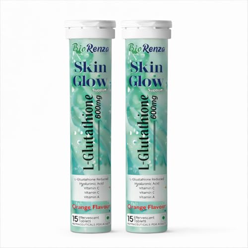 Image of Skin Glow L-Glutathione 600mg Effervescent Tablets | Vitamin C, Hyaluronic Acid & Vitamin A | Skin Brightening & Glow Support | Orange Flavour | 15 Tablets PACK OF 2(TWO) | For Adults