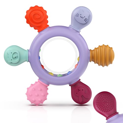 akolik Mordedor de bebé, chocalho de silicone para bebé, brinquedo de dentição de remo, brinquedo agarrar, acessório de enfermagem para dentição sem BPA para bebés com mais de 0 3 6 9 meses