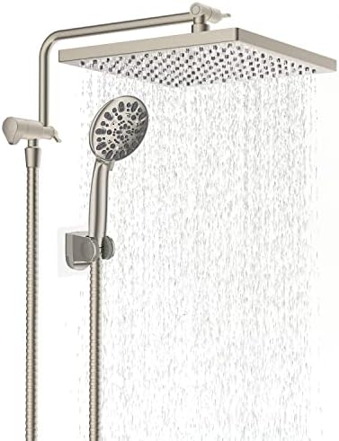 Hibbent Metal Shower Head, 10'' High Pressure Rainfall Shower Head/Handheld Showerhead Combo with 12'' Adjustable Shower Extension Arm, 7-Spray, 71'' Hose, Showerhead Holder, Brushed Nickel