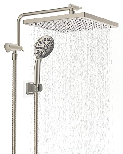 Hibbent Metal Shower Head, 10'' High Pressure Rainfall Shower Head/Handheld Showerhead Combo With 12'' Adjustable Shower Extension Arm, 7-Spray, 71'' Hose, Showerhead Holder, Brushed Nickel #TOP3