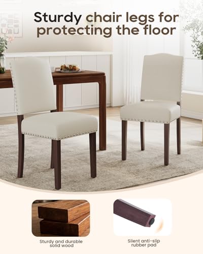 Image of Upholstered Dining Chairs Set of 2 with Thickened Seat Cushion, Wooden Mid-Century Modern Fabric Farmhouse Kitchen Chairs for Dining Room Living /Restaurant /Reading Room(Beige)