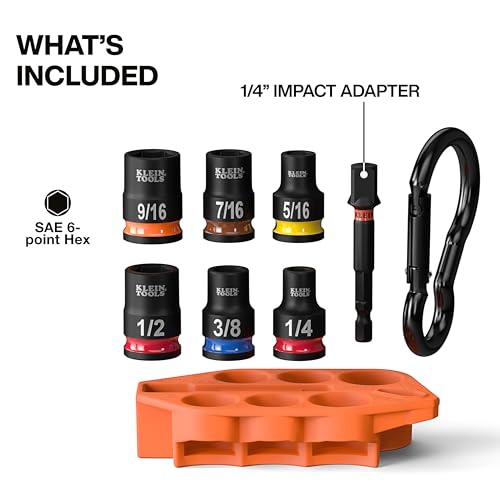 Image of Klein Tools 33808 Grab-And-Go Impact Socket Set, SAE, 7-Piece Set with Sleeve, Carabiner, and 3 /8-Inch Drive, Color-Coded 1 /4, 5 /16, 3 /8, 7 /16, 1 /2, and 9 /16-Inch Sockets