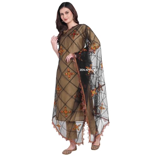 Image of ZEN APPAREL Women's Embroidered Net Dupatta with Lace Borders (Z-101) Premium Net Fabric Golden Aari Work