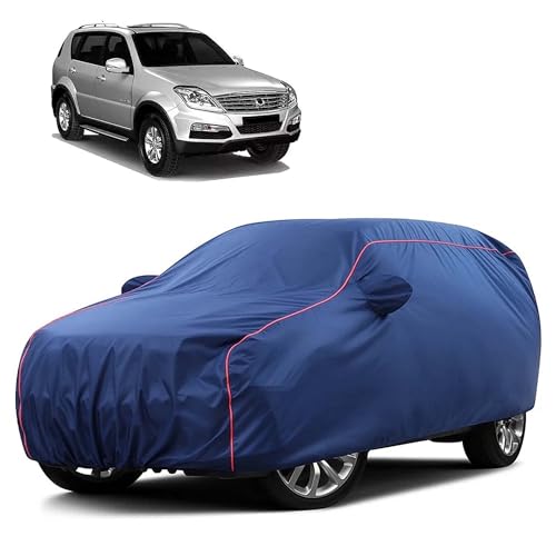 Image of Sulfar 100% Water Resistant Car Body Cover Compatible with Mirror for SsangYong Rexton (Triple Stitched, Full Bottom Elastic, Blue Taffeta with Red Piping)