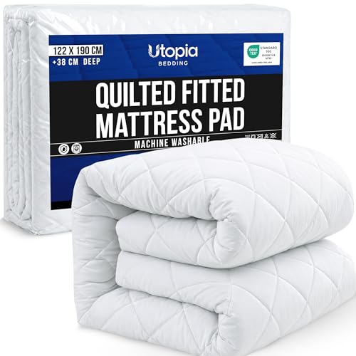 Utopia Bedding Quilted Mattress Topper Small Double Mattress Protector Cover Quilted Pad Soft Breathable Deep Fitted Elastic Small Double 4ft 122 x 190 + 38 cm White